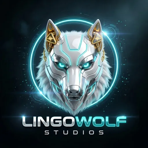 Lingowolf Studios logo: silver cyber wolf in a turquoise ring